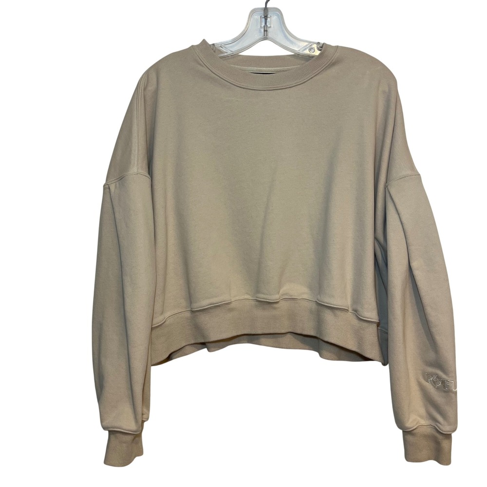 POPFLEX Sweatshirt Belle Crew Neck Puff Sleeve Pullover Cropped Beige Small